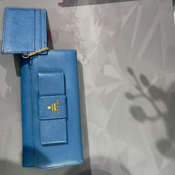 PRADA Blue Bow Saffiano Leather Wallet - Picture 16 of 17